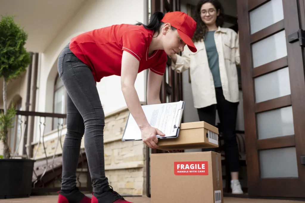 full shot delivery woman with boxes scaled 1